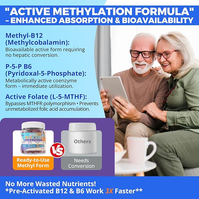 Vitamins B12 &amp B6 Gummies Boost Energy w/Methyl B12 1000mcg L-Methylfolate B6 Omega-3 DHA Magnesium | Methylated B-Complex Multivitamin Supplement for Brain Function &amp Methylation Vegan