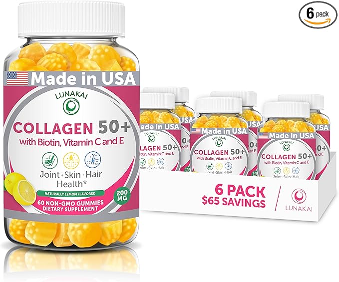 Lunakai USA Made Collagen Gummies for Women &amp Men Over 50 Biotin &amp Vitamin C Supports Skin Elasticity Hair &amp Nail Strength Joint Support - 6 Pack