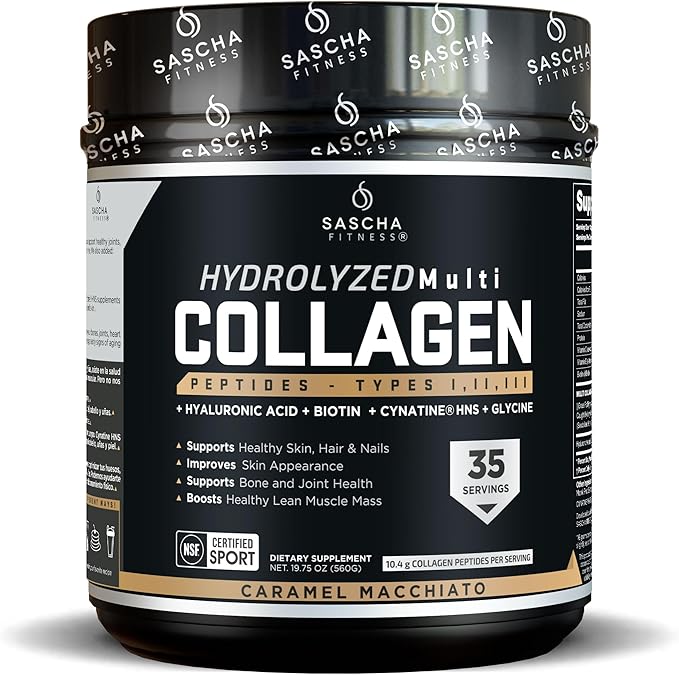 SASCHA FITNESS Hydrolyzed Multi Collagen Peptides Tipes 12 &amp 3 |Hyaluronic Acid|Biotin |Cynatine HSN|Vitamin C &amp E |for Hairs Skin &amp Bone Support|Caramel Macchiato