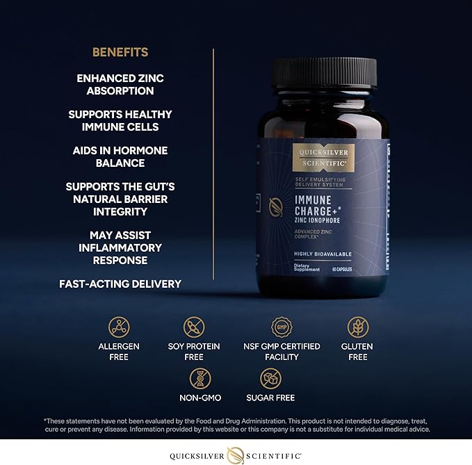 Quicksilver Scientific Immune Charge+ Zinc Ionophore - Zinc Supplement Complexed with Quercetin Luteolin Hesperetin Immune + GI Support (60 Capsules)