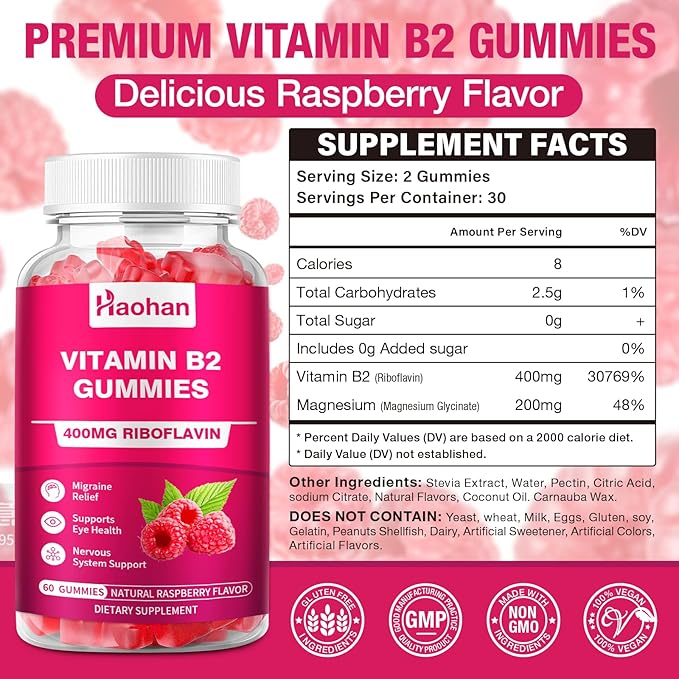 Haohan Vitamin B2 400mg with Magnesium Gummies for Migraine and Nervous System Support in Sugar-Free Vegan Raspberry Flavor 120 Count for Adults and Kids