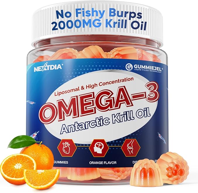 Liposomal Antarctic Krill Oil Omega 3 Gummies 2000mg - Cellular Level Absorption Omega-3 with EPA DHA &amp Astaxanthin - Antioxidant &amp Brain Support - Fish Oil Supplements Alternative - 60 Count