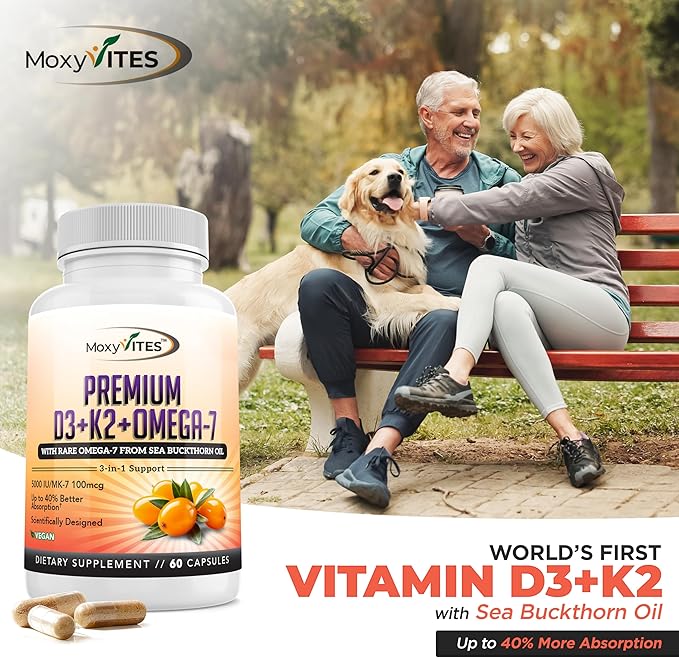 MoxyVites Vitamin D3 K2 5000 IU – High Absorption D3 + K2 MK-7 with Sea Buckthorn Oil &amp Omega-7 – Bone Heart &amp Immune Support for Women &amp Men – 60 Vegan Capsules