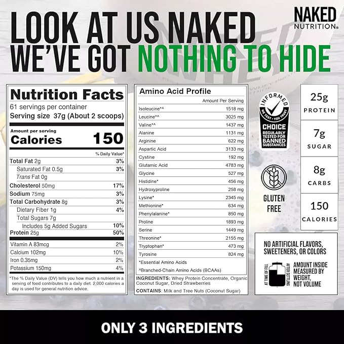 NAKED Strawberry Whey Protein Powder 5LB (61 Servings) + Pure Micronized Creatine Monohydrate 500g (100 Servings) – Bulk Grass-Fed Non-GMO Gluten Free Soy Free