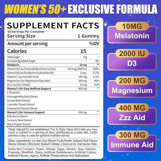 Melatonin 10mg Gummies for Women Over 50: Maximum Strength Plus Magnesium Ashwagandha Elderberry L-Theanine Chamomile Lavender Vitamins D3 for Zzz - Non-Habit Forming for Women 50+(120Count)