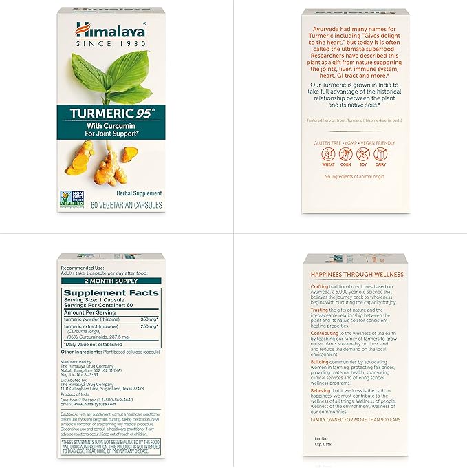 Himalaya Turmeric 95 Supplement with Curcumin/Curcuminoids Joint and Muscle Support Optimum Flexibility and Mobility 600 mg Non-GMO Vegan Gluten Free 60 Capsules 60 Day Supply
