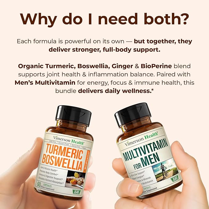Boswellia Turmeric Curcumin Supplement + Multivitamin for Men Bundle – Supports Joint Health &amp Complete Daily Wellness – with Ginger Root Organic Turmeric Powder Methylated Vitamin B12 Zinc &am