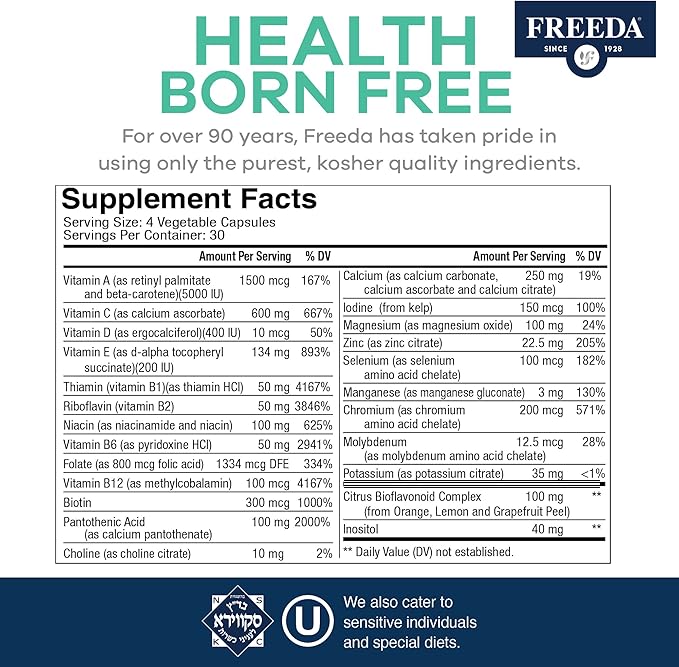 Freeda Maximum Strength Multivitamin – High Potency Daily Supplement for Active Adults (Men &amp Women) – Iron Free – SCD Diet Compatible – 120 Capsules – Ultra-Freeda