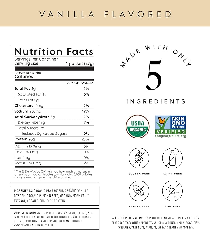 Truvani Vegan Pea Protein Powder | Vanilla | 20g Organic Plant Based Protein | Single Serving Travel Packets | 10 Servings | Keto | Gluten &amp Dairy Free | Low Carb | No Added Sugar
