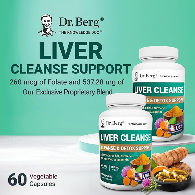 Dr. Berg Liver Cleanse Detox Capsules w/Unique Blend of Milk Thistle Ox Bile &amp Folate - Liver Supplement Includes Turmeric Black Pepper &amp Choline - 60 Capsules