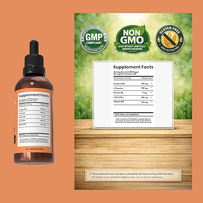 Creatine HCL Liquid Drops for Men &amp Women - 2ml Per Serving L-Theanine Vitamin B12 &amp B6 L-Carnitine - High Absorption 4 Fl Oz (120ml) (4 FL OZ Peach)