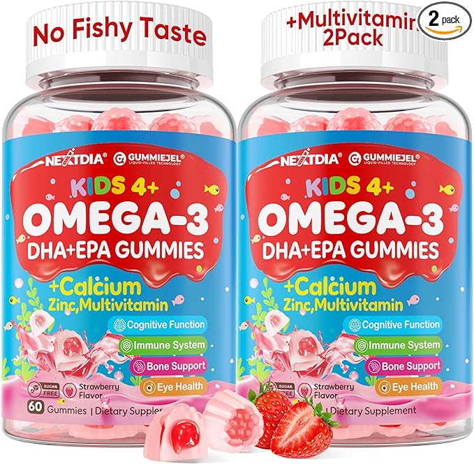 Omega 3 (EPA/DHA) Filled Gummies for Kids with Multivitamin Calcium + D3 + K2 + Zinc Plus Vitamin A B1 B2 B12 C Selenium Iodine for Brain Eye Bone Energy No Fish Taste 2 Pack