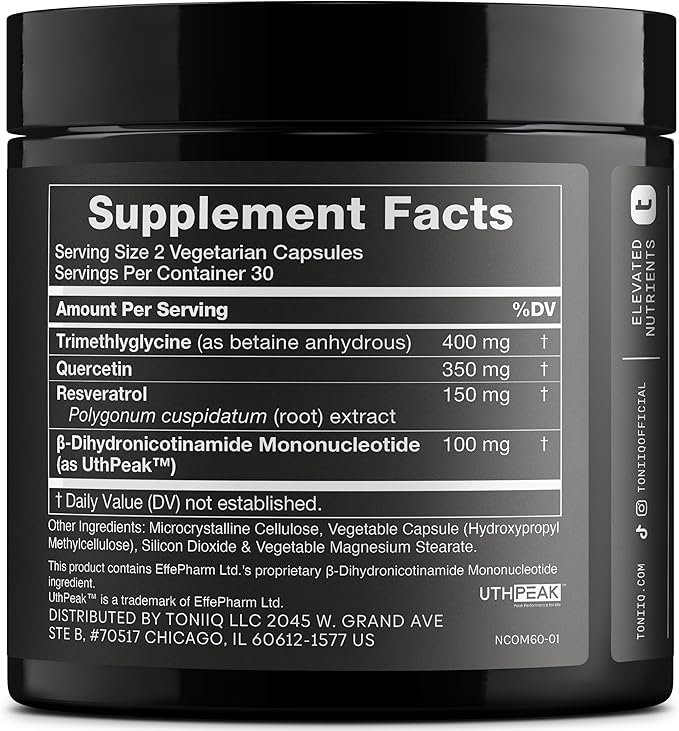 Toniiq NMNH Supplement – Ultra High Potency 1000mg Complex with Clinically Studied Uthpeak™ NMNH Resveratrol Quercetin &amp TMG – Highly Purified – Third-Party Lab Tested – 60 Capsules