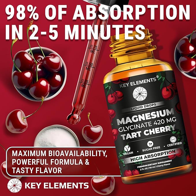 Liquid Magnesium Glycinate 420 Mg with Natural Tart Cherry Extract | Magnesium Glycinate Drops Supplement for Sleep Mood &amp Mobility Support | Tart Cherry Extract