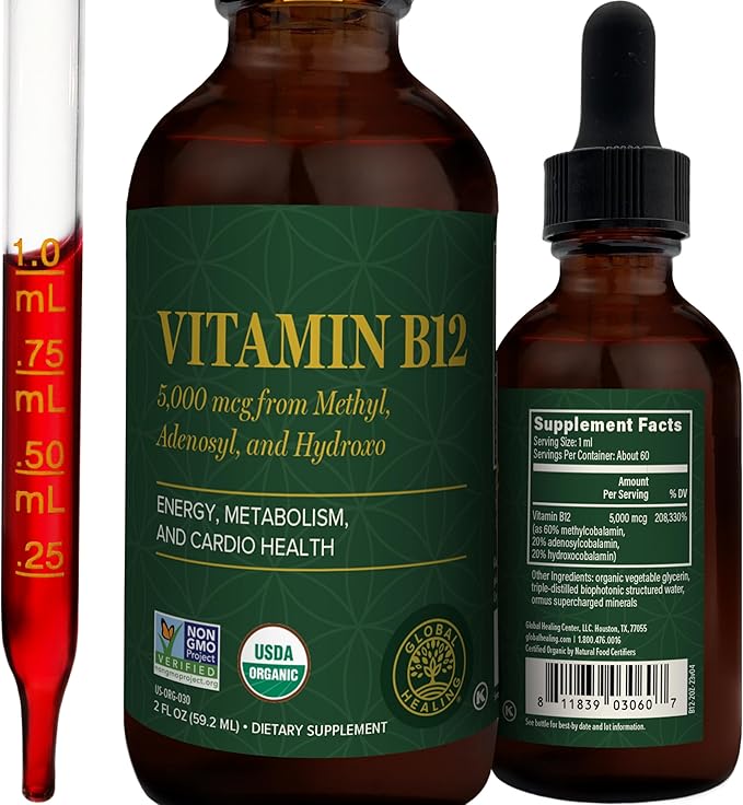 Global Healing - Organic Vitamin B12 5000 MCG Sublingual Liquid - Methylcobalamin Hydroxo Blend &amp More - Methylated Drops for Adults - Vegan Non-GMO VIT B12 Vitamins Supplement (2 Oz)