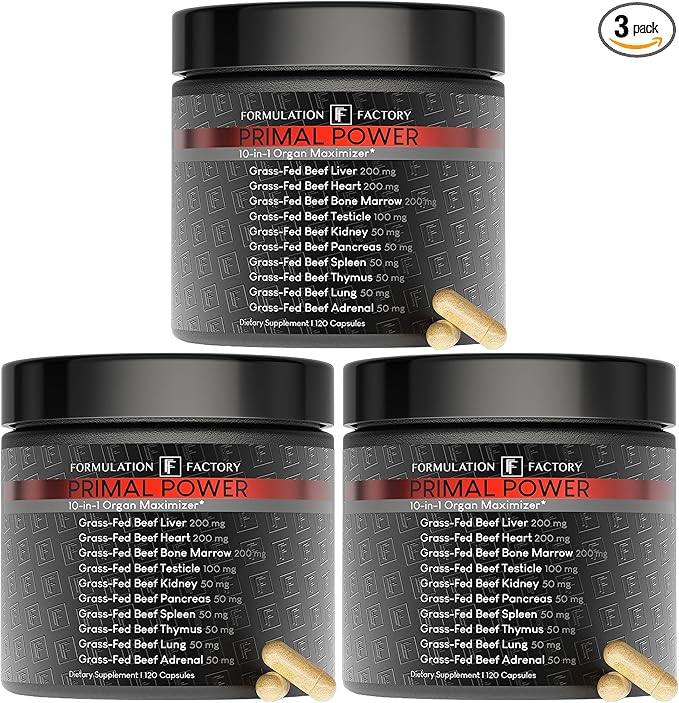 Formulation Factory Primal Power 10-in-1 Grass-Fed Organ Supplement with Beef Liver Heart Marrow Testicle Kidney Supports Vitality Hormones Energy Immunity (6 Month Supply 360 Capsules)