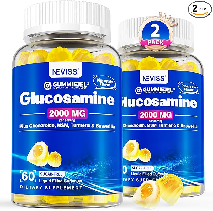 NEVISS Sugar Free Glucosamine Filled Gummies - Glucosamine Supplement Plus Chondroitin MSM Turmeric Boswellia Hyaluronic Acid Vitamin D3 &amp Zinc 120 Gummies 60 Servings