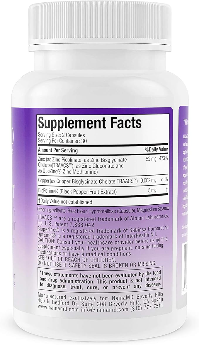 ZINC-Opt 60ct Superior Formula w/BioPerine is Packed w/52mg Zinc 2mg of Copper Supports Antioxidant Immunity Homormal Health for Men Women &amp Children