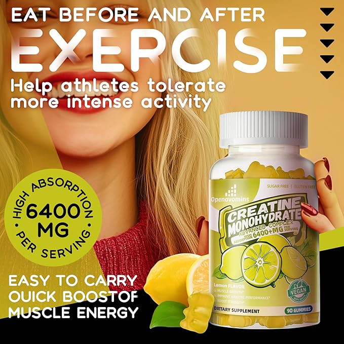 Creatine Monohydrate Gummies Complex for Men &amp Women -Advanced Formula W/L-Taurine + Vitamin B12 Sugar Free Chewable Supplement90 Lemon Gummies
