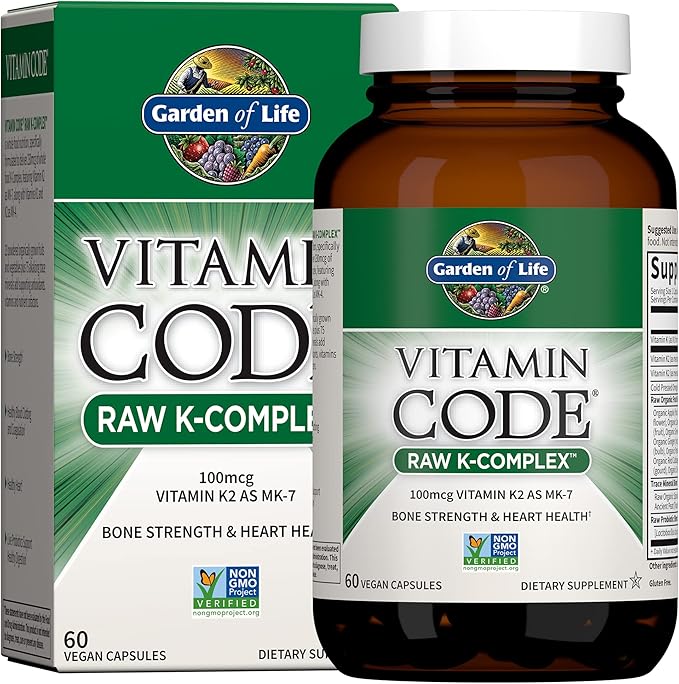 Garden of Life Vitamin K2 and K1 Vitamin Code Vegan K Complex Vitamin for Bone Strength and Heart Health Omega Rich Flax Seed Oil Trace Minerals Probiotics 60 Day Supply