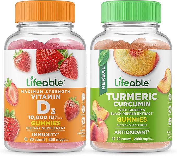 Lifeable Vitamin D 10000 IU + Turmeric Curcumin Gummies Bundle - Great Tasting Vitamin Supplement Gluten Free GMO Free Chewable Gummy