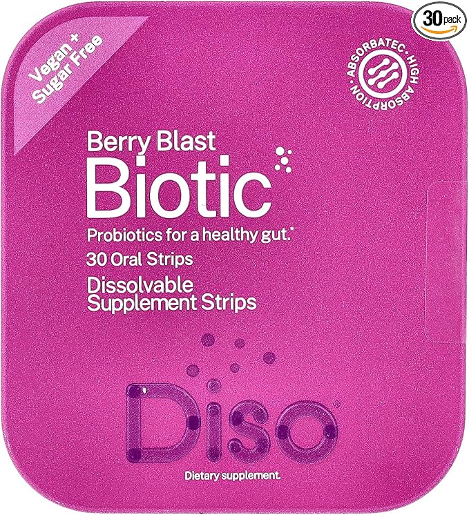 DISO - BIOTIC - Fast-Dissolving Probiotic Oral Strips Berry Blast Flavor Vegan Sugar Free Maximum Absorption Gluten Free Individually Wrapped for Digestive Health 30 Dissolvable Strips