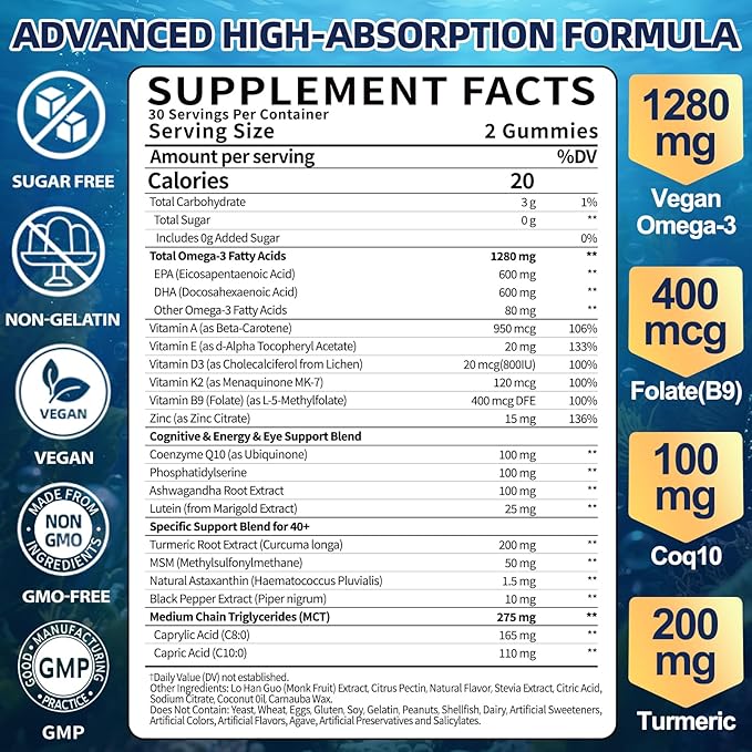 Vegan Omega 3 Gummies for Women Men 40+: 1280mg Algae Omega 3 Fatty Acid Supplements with DHA EPA Omega3 Vitamin D3 K2 Coq10 Zinc Support Brain Health - Adults Fish Oil Alternative (60Count)