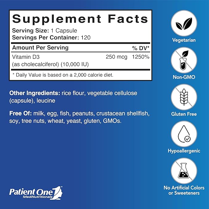 Patient One Vitamin D3 10000 IU | Supplement to Support Immune Heart and Bone Health* | Highly Absorbable Cholecalciferol Form | 120 Capsules