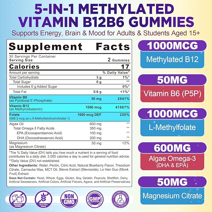 Vitamins B12 &amp B6 Gummies Boost Energy w/Methyl B12 1000mcg L-Methylfolate B6 Omega-3 DHA Magnesium | Methylated B-Complex Multivitamin Supplement for Brain Function &amp Methylation Vegan
