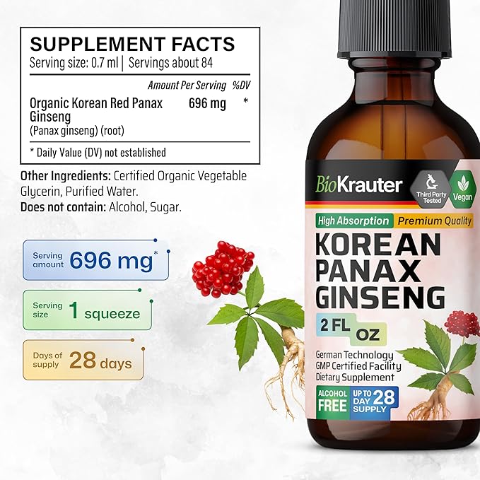 BIO KRAUTER Maca Root Ashwagandha Tincture 2 Fl. Oz. &amp Korean Panax Ginseng Tincture 2 Fl. Oz.