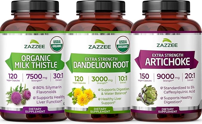 Zazzee Dandelion Artichoke &amp Milk Thistle Bundle | 20:1 Artichoke Leaf Extract Plus 10:1 Organic Dandelion Root and 30:1 Organic Milk Thistle Extract | Liver Cleanse Detox Bundle