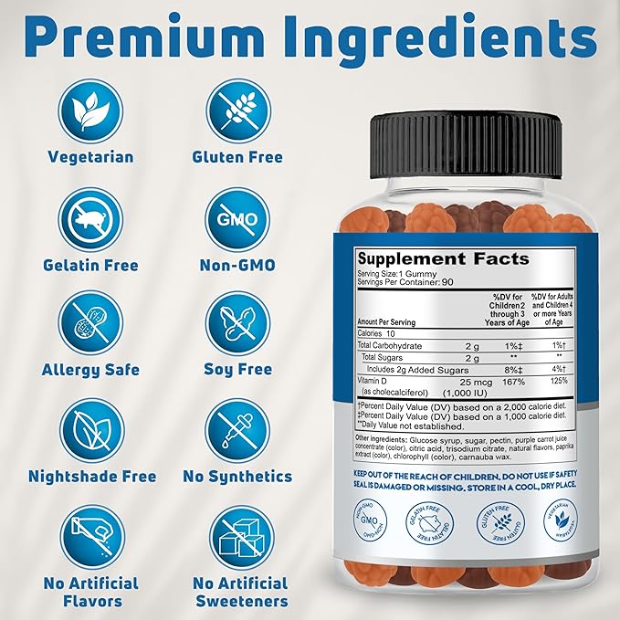 Kids Vitamin D Gummies (90 Day Supply) Vitamin D3 for Kids (1000IU) to Support Strucutre Muscle Functions &amp Immune System. Delicious &amp Vegetarian Gummy Vitamin D