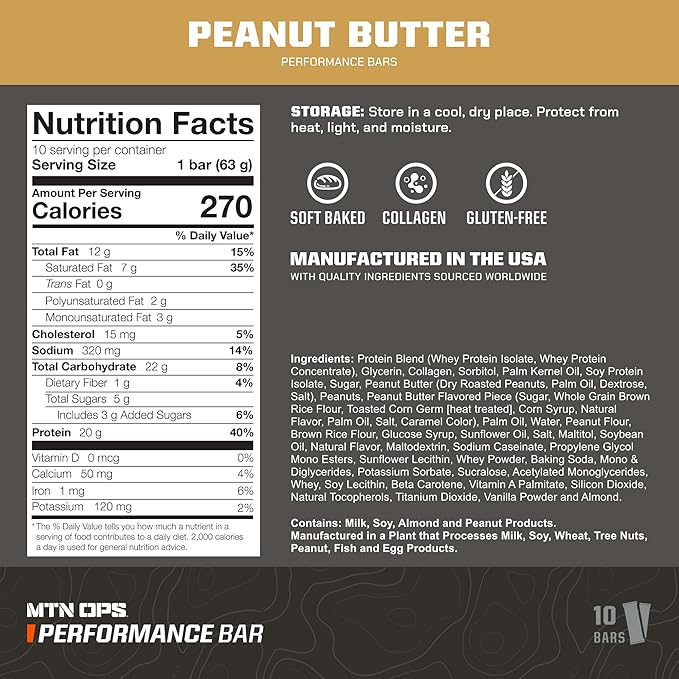 MTN OPS Protein Bars – High Protein Bar with 20g Whey Isolate &amp Collagen Low Sugar Gluten-Free Protein Snack Peanut Butter Bliss 10 Bars