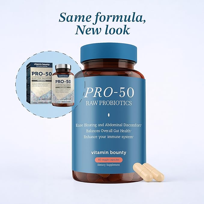 Vitamin Bounty Pro-50 Probiotics 50 Billion CFU for Women &amp Men - 13 Multi Strain Probiotic + Prebiotic - Digestive Health Supplements for Gut Health Support - Delayed Release Capsules for Men &am