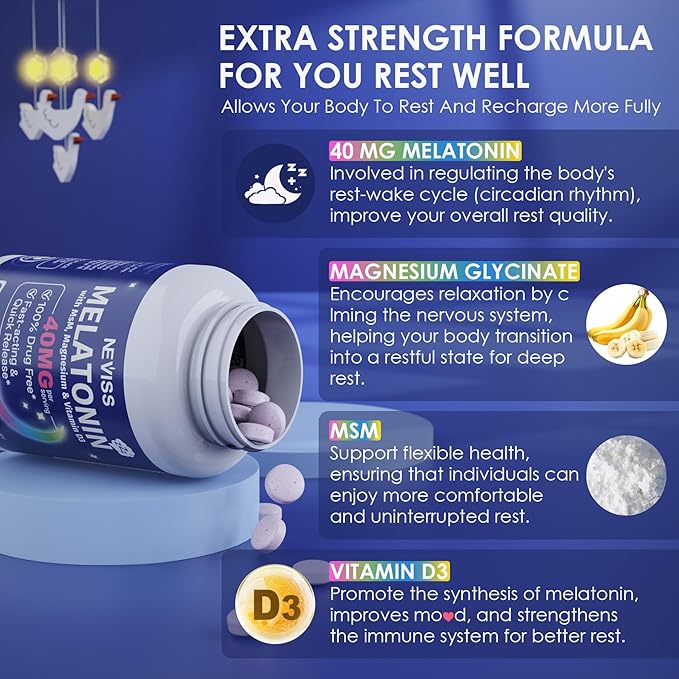 Melatonin 40 mg for Adults - Fast Dissolve &amp Chewable Sublingual Sleep Supplement - Extra Strength Melatonin with Vitamin D3 &amp MSM Selenium for Health Rest Cycle Deep Zzzs Sugar-Free 180 S