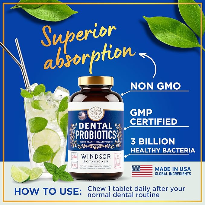 Oral Probiotics for Teeth and Gums - 3BN CFU Lactobacillus Salivarius Acidophilus Rhamnosus Streptococcus - Bad Breath Treatment for Adults - 45 Chewable Mint Dental Probiotic Tablets for Women &amp