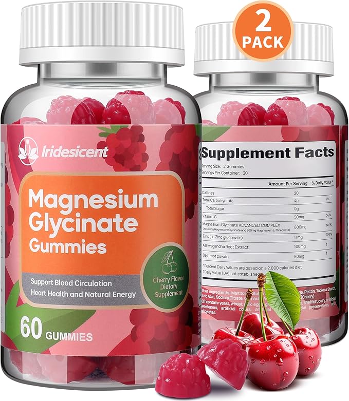 Magnesium Glycinate Gummies 400mg Sugar Free Magnesium Supplement w/Ashwagandha Zinc Vegan Magnesium Glycinate Supplement for Adults - 120 Cherry Gummies
