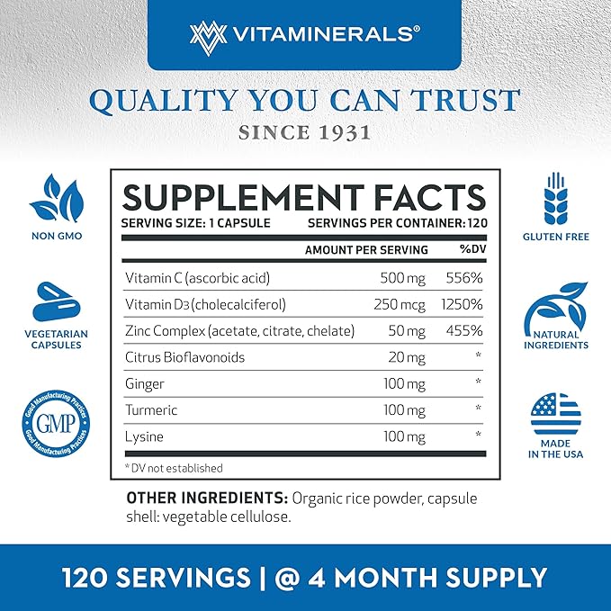 Vitaminerals® Z D C Zinc Complex 50mg | Vitamin D3 250mcg | Vitamin C 500mg | Ginger | Lysine | Turmeric | Vegetarian Capsules| 120 Servings