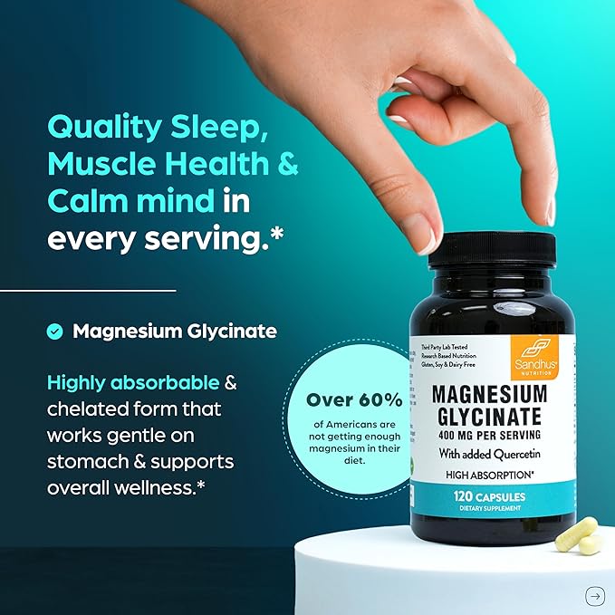Magnesium Glycinate 400mg High Absorption Capsules with Quercetin | Quality Sleep Relaxation &amp Muscle Health Supplement for Women and Men | Chelated Magnesium 120 Count (Pack of 2) | Easy to Swal