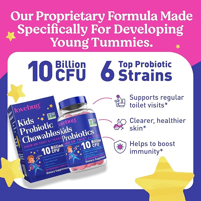 LOVEBUG Probiotics for Kids – Probiotic Chewables with Prebiotic Fiber for Age 4+Daily Children's Gut Health &amp Digestive Support Supplement Sugar-Free Berry Flavor 60 Count