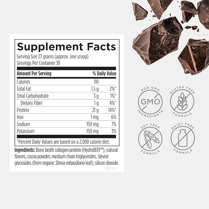 Designs for Health Bone Broth Protein Powder – 21g Grass-Fed Collagen-Rich Beef Protein Isolate - Chocolate Paleo Non-GMO Dairy-Free (30 Servings / 810g)