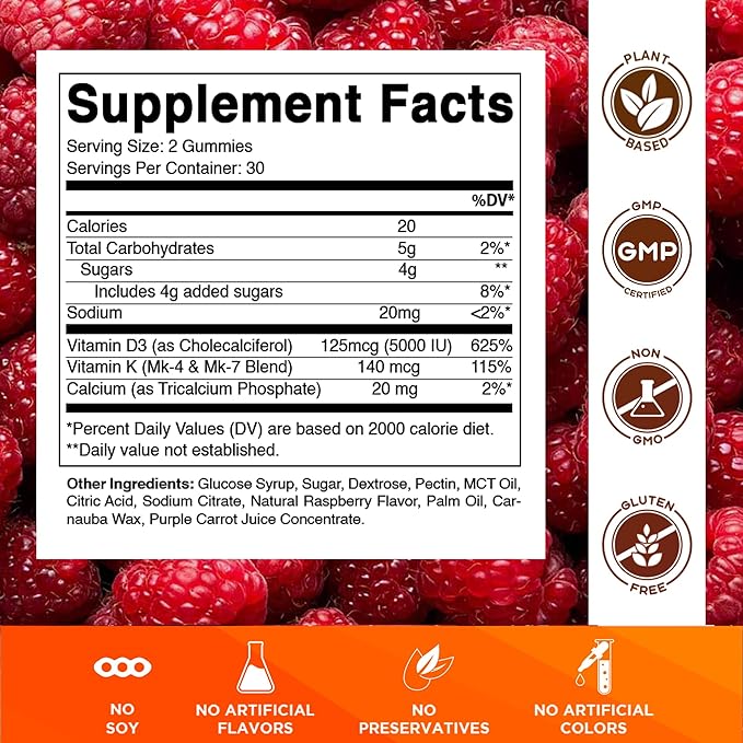 Vitamatic Vitamin D3 &amp K2 Gummies (2-Pack 60 Count) Supports Healthy Bones Heart Health Calcium Absorption and Immune Function Plant-Based Non-GMO Gluten-Free