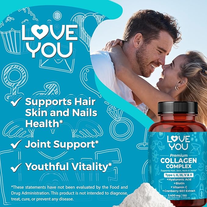Love You Collagen Complex – Types I II III V &amp X – Hair Skin Nails Joints &amp Gut Support – Hydrolyzed Bovine Collagen Peptides – Grass-Fed Non-GMO 120 Capsules USA Made