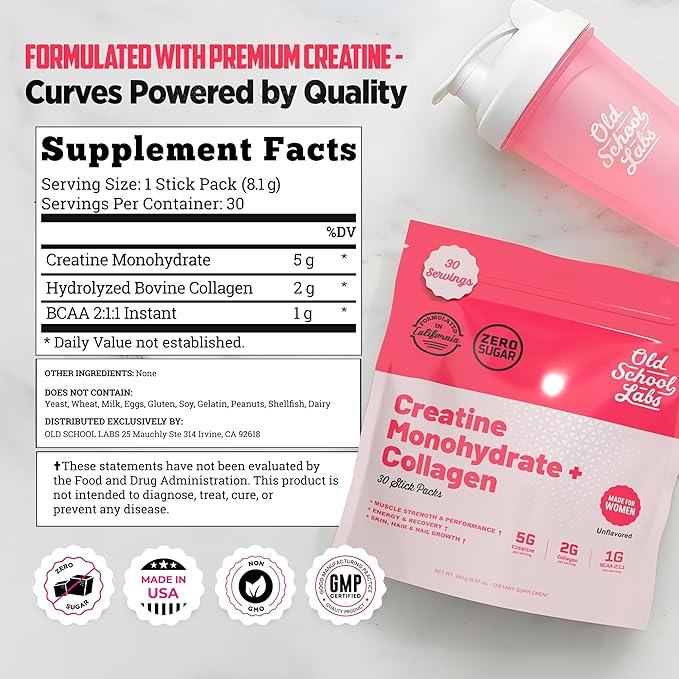 Old School Labs Creatine Stick Packs for Women | 5000mg Creatine Monohydrate 2000mg Collagen &amp BCAA 2:1:1 for Lean Muscle Booty Growth &amp Recovery | No Bloat Workout Supplement 30 Travel Pac