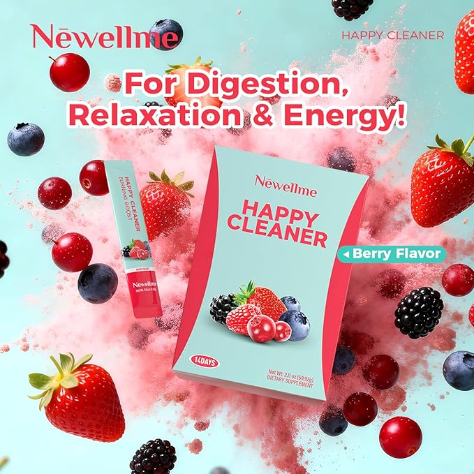 NEWELLME Happy Cleaner Digestive Supplement Powder Gut Health Drink Mix with Probiotics Digestive Enzymes &amp Fiber Supports Digestion and Bloating Berry Flavor 14 Sachets
