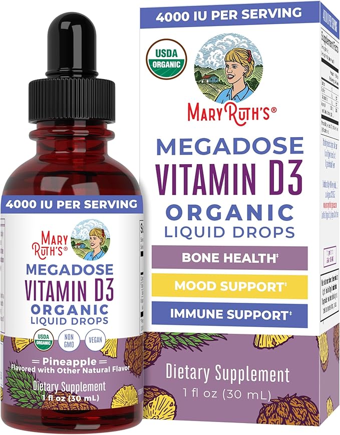 MaryRuth Organics Vitamin D3 Liquid Drops | Megadose 4000 IU | USDA Organic Liquid Vitamin D Spray for Adults &amp Kids | Immune Support &amp Bone Health | Vegan | Gluten Free | Non-GMO | 30 Serving