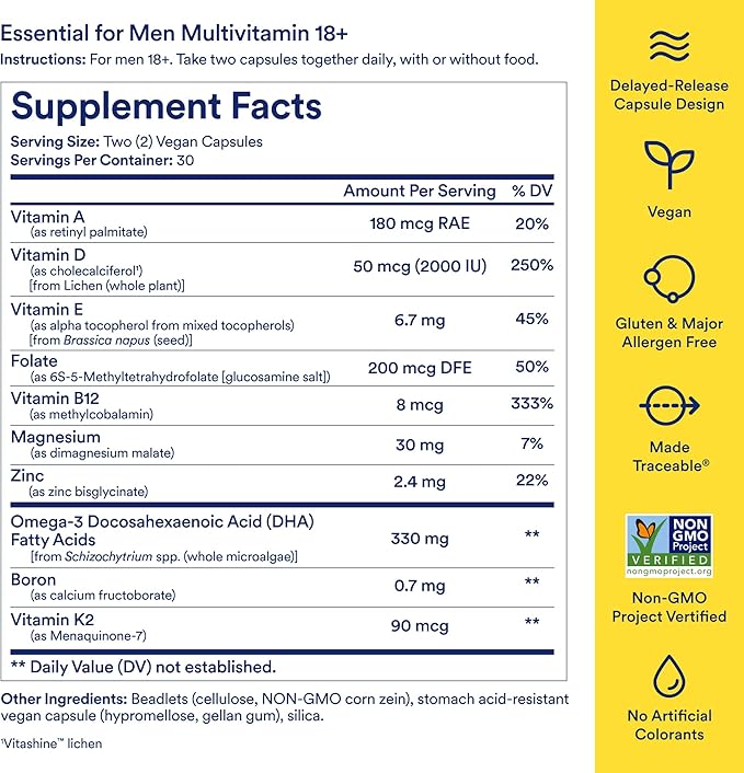 Ritual Multivitamin for Men 18+ with Zinc Vitamin A and D3 for Immune Function Support* Omega-3 DHA B12 K2 Gluten Free Non-GMO Vegan Mint Essenced 30 Day Supply