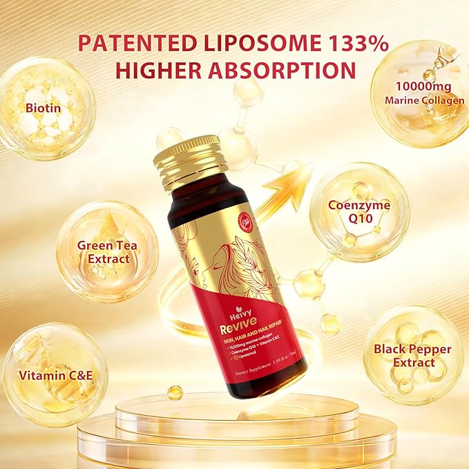 Heivy Marine Liquid Collagen for Women 10000mg 133% Higher Absorption CoQ10 Biotin Vitamins USA GMP 3rd Party Tested Non-GMO Gluten Free 50mL 10 Bottles