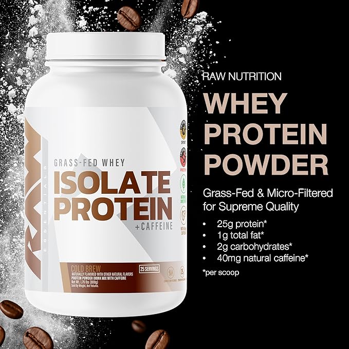 RAW Whey Isolate Protein Powder Cold Brew - 100% Grass-Fed Sports Nutrition Whey Protein Powder for Muscle Growth &amp Recovery - Low-Fat Low Carb Naturally Flavored &amp Sweetened - 25 Servings