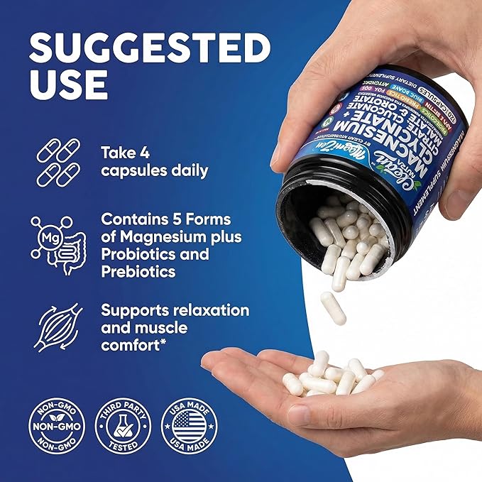 Clean Nutra Magnesium Glycinate Citrate Malate Orotate Taurate Supplement Complex + 10 Strain Probiotic Prebiotics FOS GOS Inulin Sleep Calm Support Apple Pectin – 120 Vegan Capsules